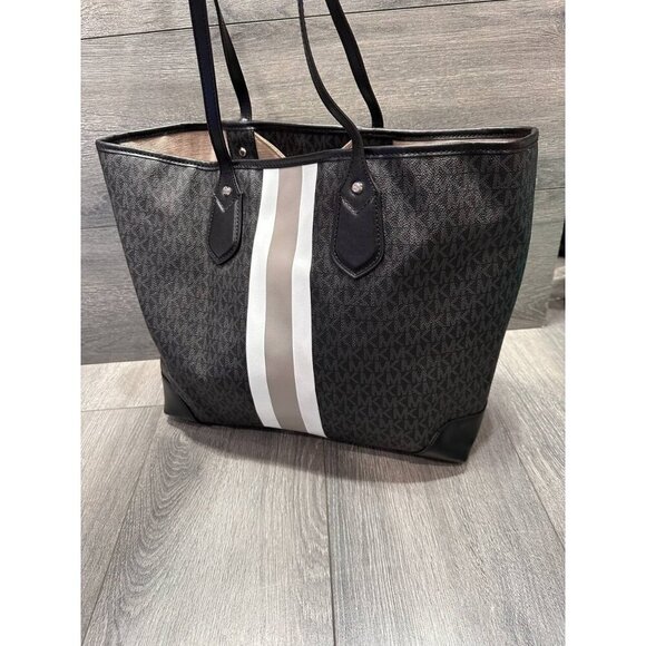 Michael Kors Eva Large Logo Stripe Tote Bag in Black White - Picture 10 of 16